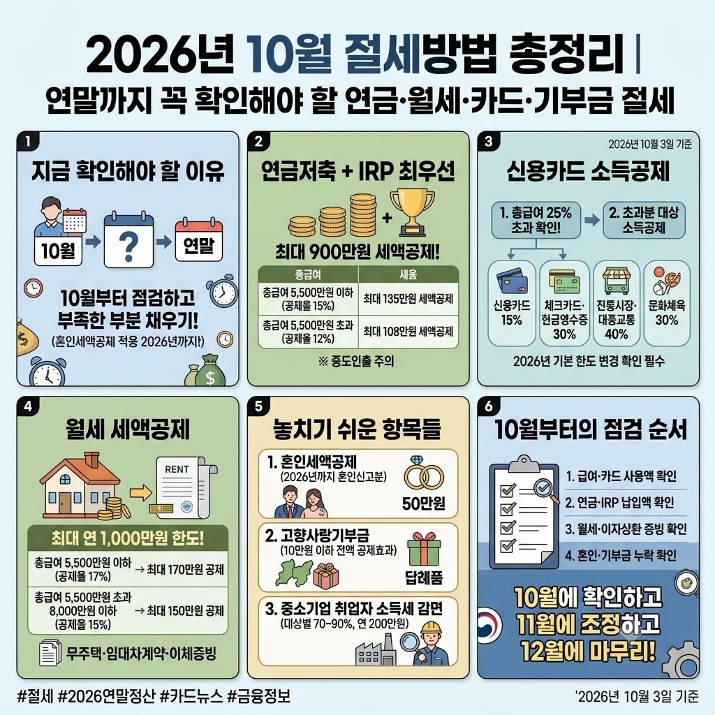 2026년 10월 절세방법 총정리|연말정산 전에 확인할 연금·월세·카드·기부금